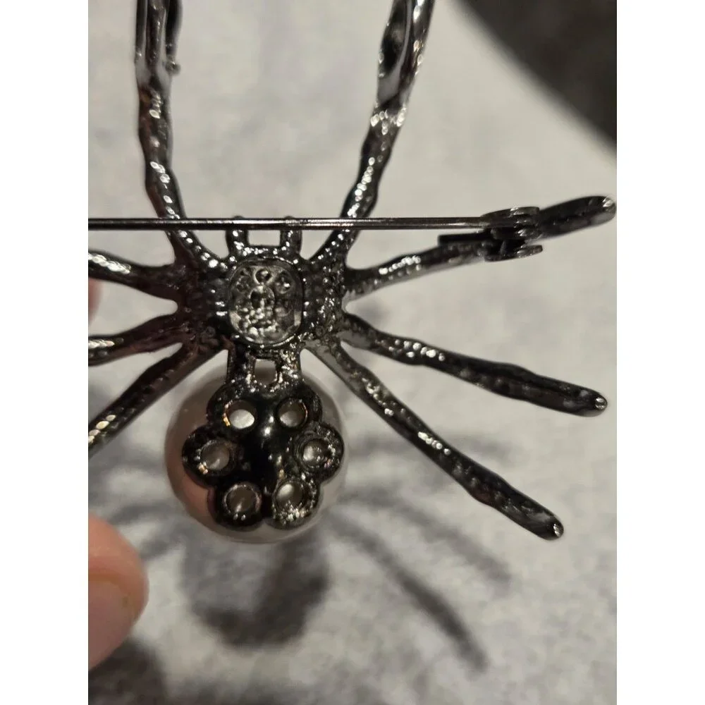 Gunmetal Spider Pendant Brooch Faux Silver Pearl Body & Black Rhinestone 2x1.75" - Picture 6 of 13